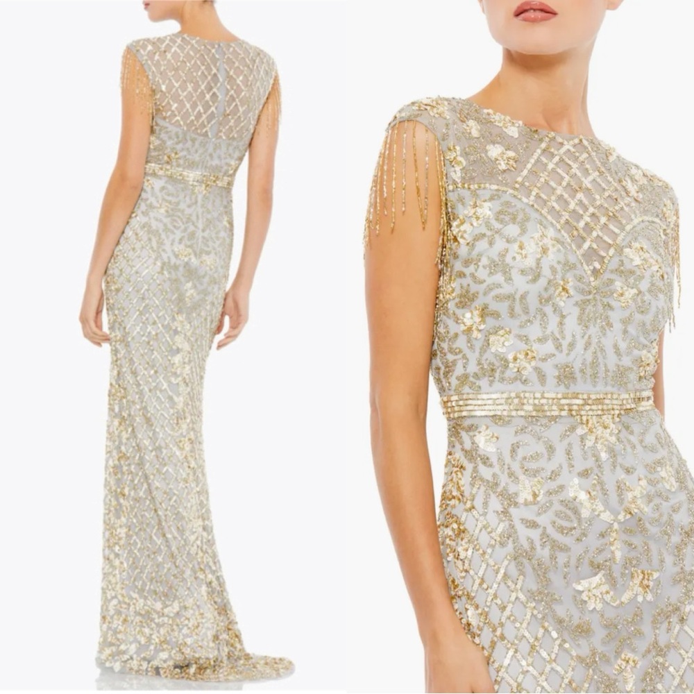 NWOT Mac Duggal 4908 High Neck Sleeveless Beaded Fringe Fitted Gown Platin